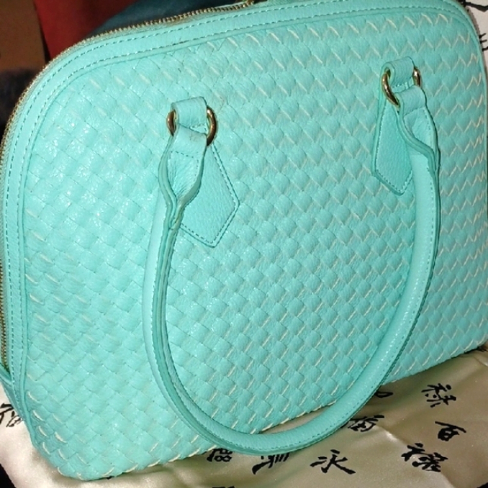 Mint Green Woven Leather Handbag